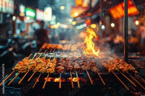 Street food tour in a bustling city, flavors and smells, vibrant night, local life , close up