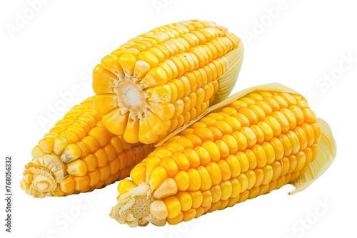 several kernels of corn, also isolated against a white background. Their bright yellow color stands out, which could make this a great image for something related to agriculture, cooking, or nutrition