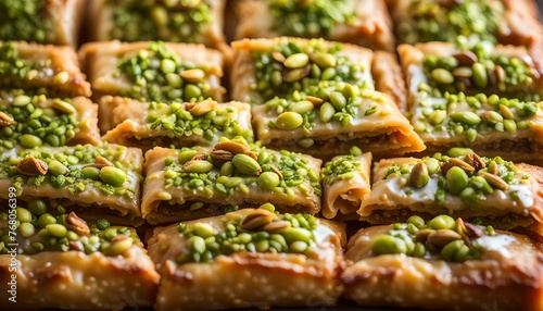 Delicious Turkish sweet, baklava with green pistachio nuts
