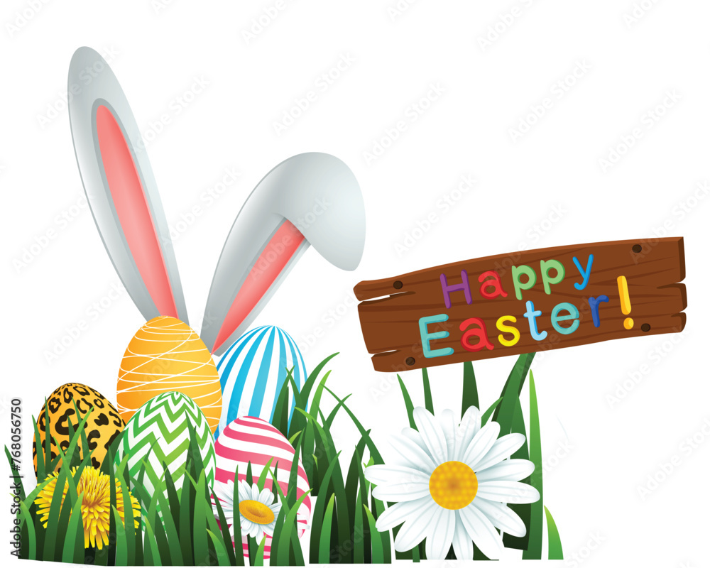 Happy easter creative vector illustration with wooden table and bunny. Grasses and flower background and rabbit ears creative illustration Free Vector. - obrazy, fototapety, plakaty 