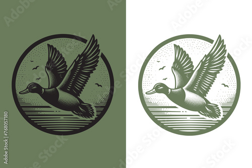 Hunting round emblem: Wild duck. Vintage retro engraving illustration. Black icon, isolated element	