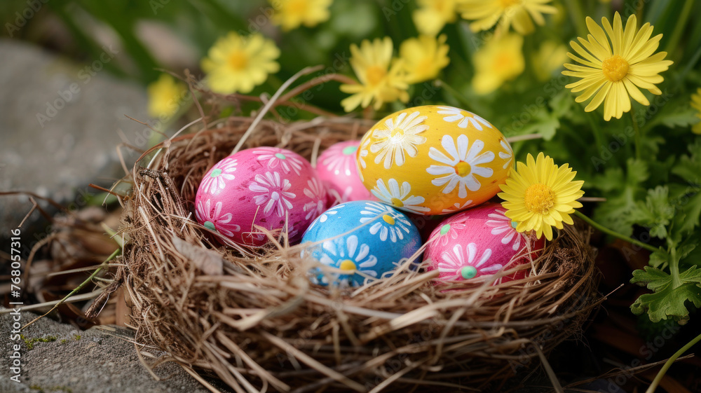 Easter eggs in a nest with foliage on a clearing with dandelions. Easter eggs in a nest with foliage on a clearing with dandelions.