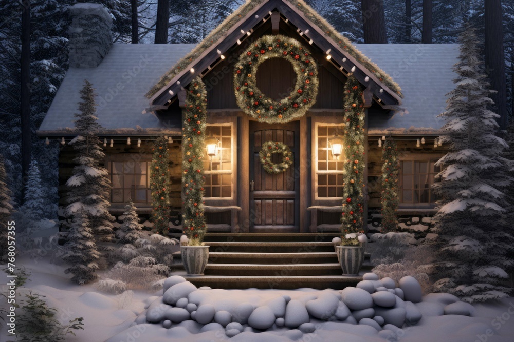 Cozy cabin in the woods decorated for Christmas. Cozy cabin in the woods decorated for Christmas.