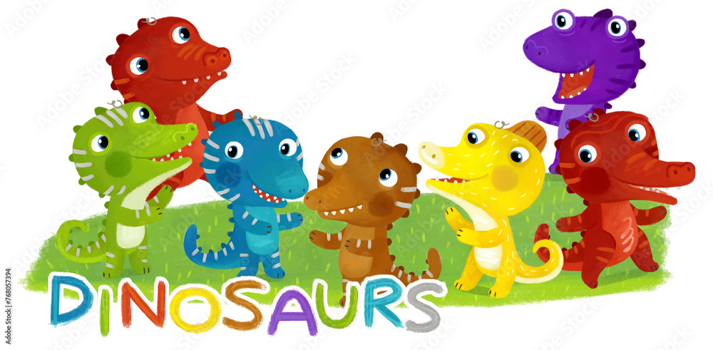 Naklejka premium cartoon scene with dino dinosaurs or dragons friends playing having fun childhood on white background with space for text illustration for children