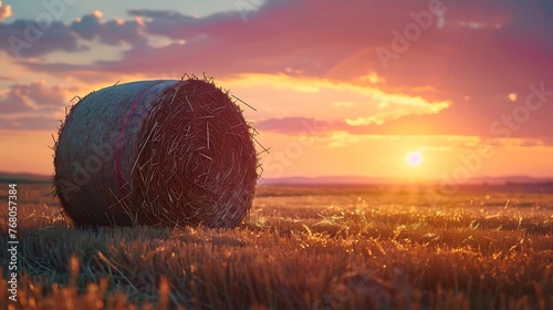 Hay bale rolled in sunset evening photo