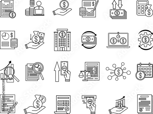 Set of Accounting Icons. Vector Icons of Financial Audit, Income, Money Management, Analysis, Credit, Balance Sheet, Deposit, Cash Flow and Others