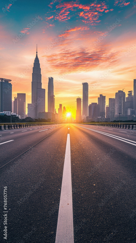 Fototapeta premium Empty asphalt road and modern city skyline in shanghai at sunset