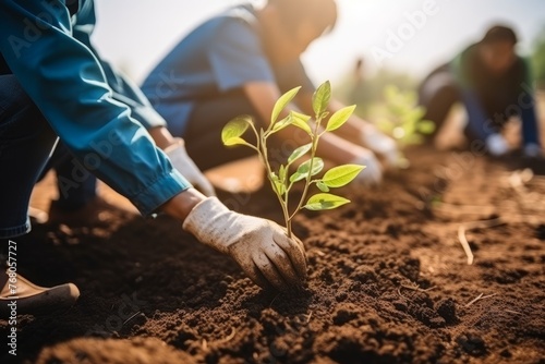 A group of volunteers is planting trees. Environmental work in the green forest. The concept of ecology and sustainable development. Let's save the world
