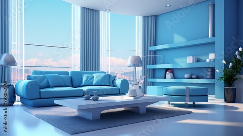 Modern blue living room design with sofa and furniture