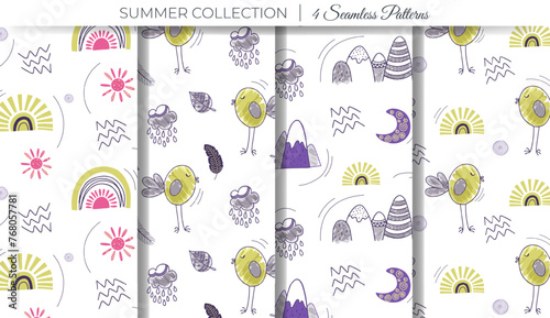 Cute simple childish patterns. Set of summer doodle backgrounds with mountains, rainbow, bird and sun.