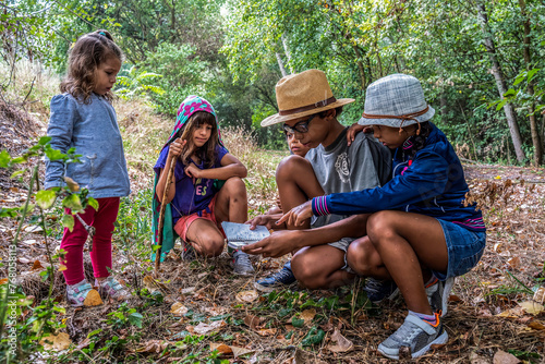 Schilderij op canvas Young explorers on a forest adventure, learning and fun merge in children's play