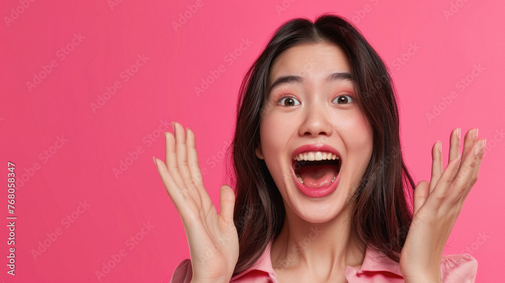 Excited young Asian woman looking at camera with open mouth on pink background Excited young Asian woman looking at camera with open mouth on pink background