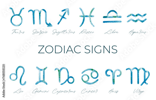 Collection of watercolor astrology signs. Set of hand drawn watercolor brush zodiac signs.