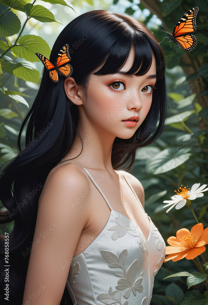 Lady with orange flower in forest Lady with orange flower in forest