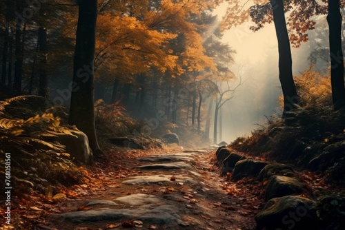 Autumn forest path with foggy mist.