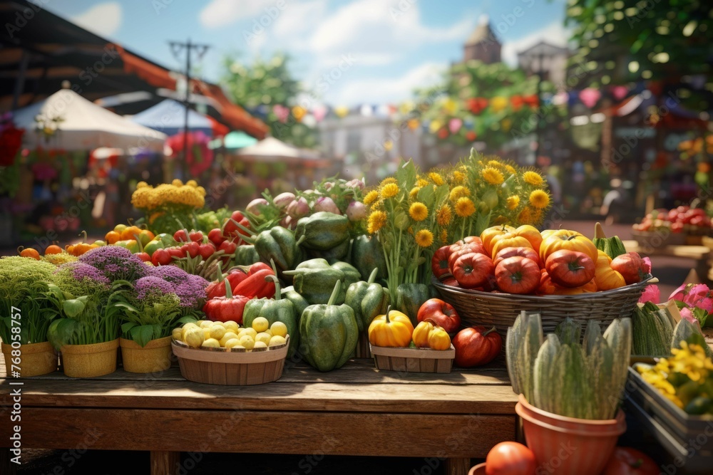 Colorful farmers market with fresh produce and flowers