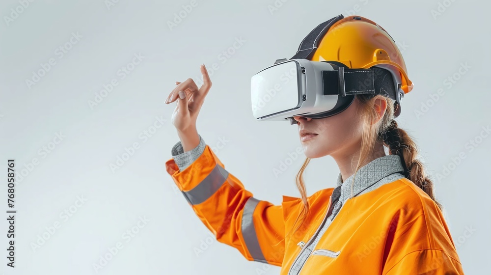 Woman in hardhat using virtual reality headset. Technology integration in engineering and construction concept. Studio portrait with copy space for industrial design, VR training, and innovation Woman in hardhat using virtual reality headset. Technology integration in engineering and construction concept. Studio portrait with copy space for industrial design, VR training, and innovation
