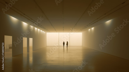 Two people talking in a large empty exhibition hall with decorative ceiling lights. Modern minimalist architecture. Interior of a spacious commercial facility. Copy space. © Studio Light & Shade
