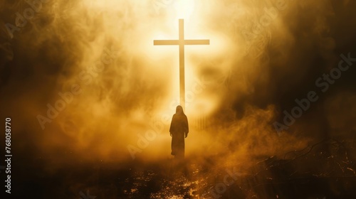 Jesus Christ standing resilient, with the cross behind Him enveloped in a mystical light