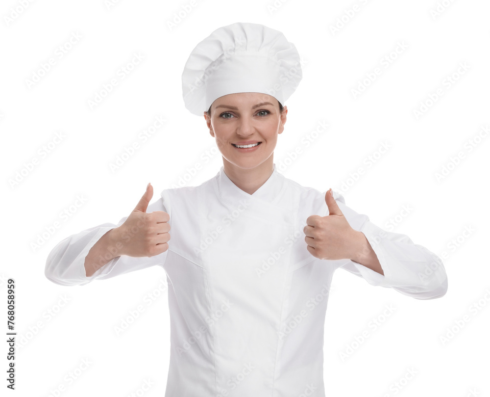 Happy woman chef in uniform showing thumbs up on white background Happy woman chef in uniform showing thumbs up on white background