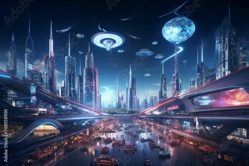 Abstract futuristic city with flying cars