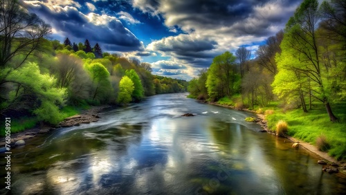 Spring River Landscape Photo  Nature Scene with Trees and Water
