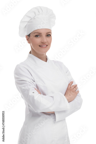 Happy woman chef in uniform on white background