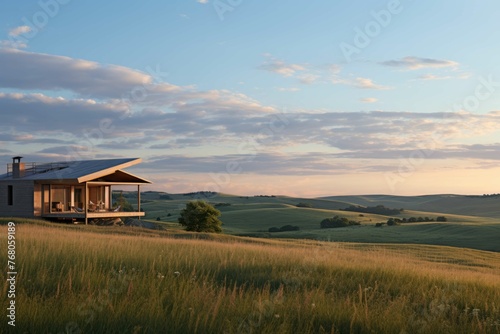 Tiny home surrounded by rolling hills and open fields