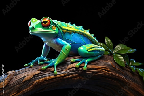 a green and blue frog on a branch