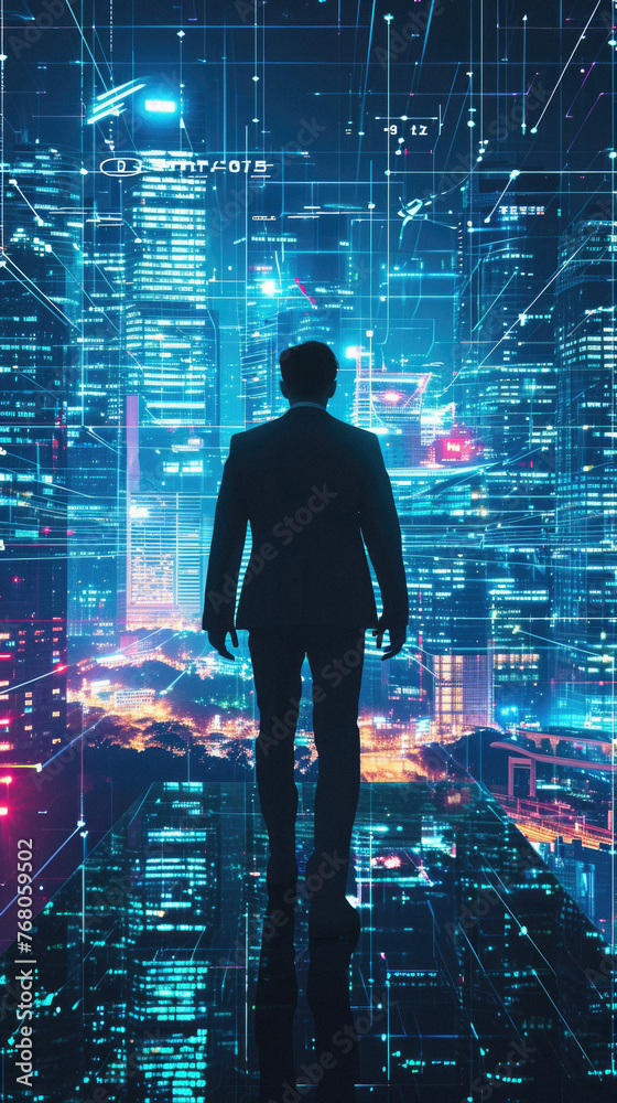 Back view of businessman standing on abstract night city background with double exposure of network hologram. Toned image Back view of businessman standing on abstract night city background with double exposure of network hologram. Toned image
