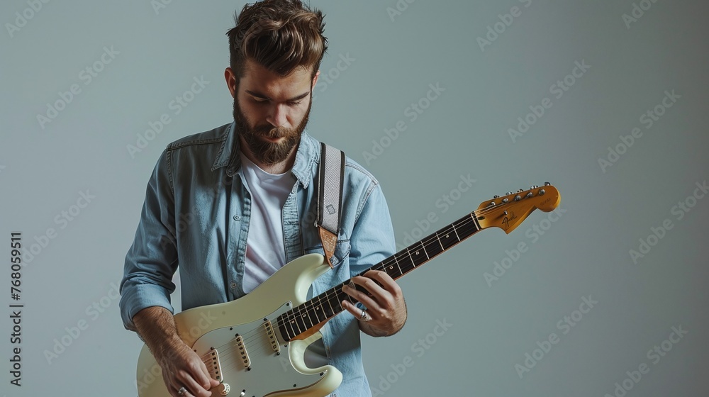 Obraz premium person playing guitar, Guitarist playing an electric guitar. Music passion and performance concept. Studio shot with copy space for music education, live concerts, and cultural events promotion