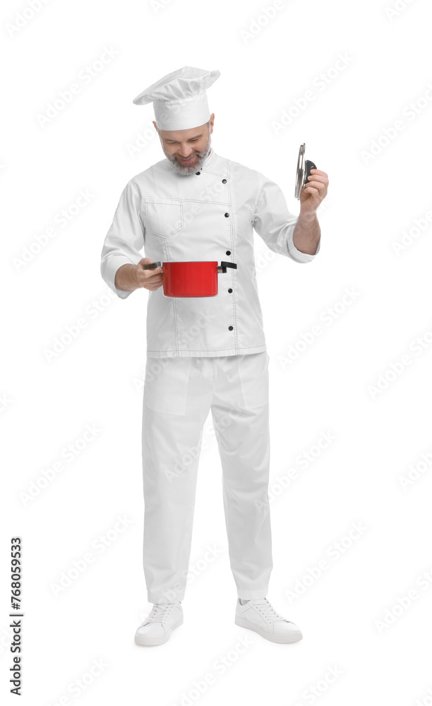 Chef in uniform with cooking pot on white background