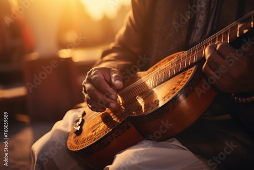 Close-up of hands playing traditional stringed instruments in a serene outdoor setting photo
