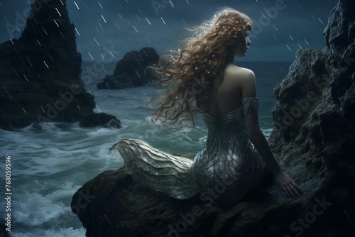 Mermaid with shimmering tail on a rocky cliff overlooking stormy sea.