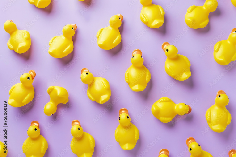 Group of yellow rubber ducks on purple background with one duck in the center Group of yellow rubber ducks on purple background with one duck in the center