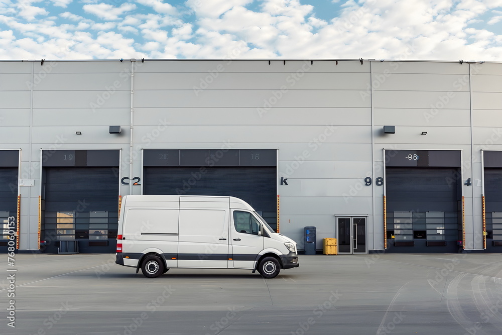 A parked van in front of a warehouse entrance