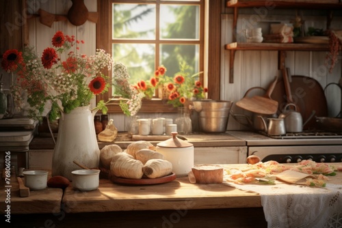 Rustic cottage kitchen with farmhouse sink and homemade bread