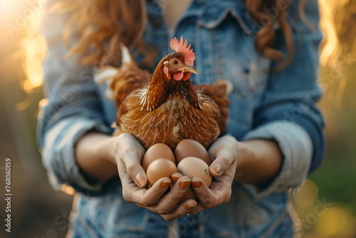 young woman hold chicken and eggs