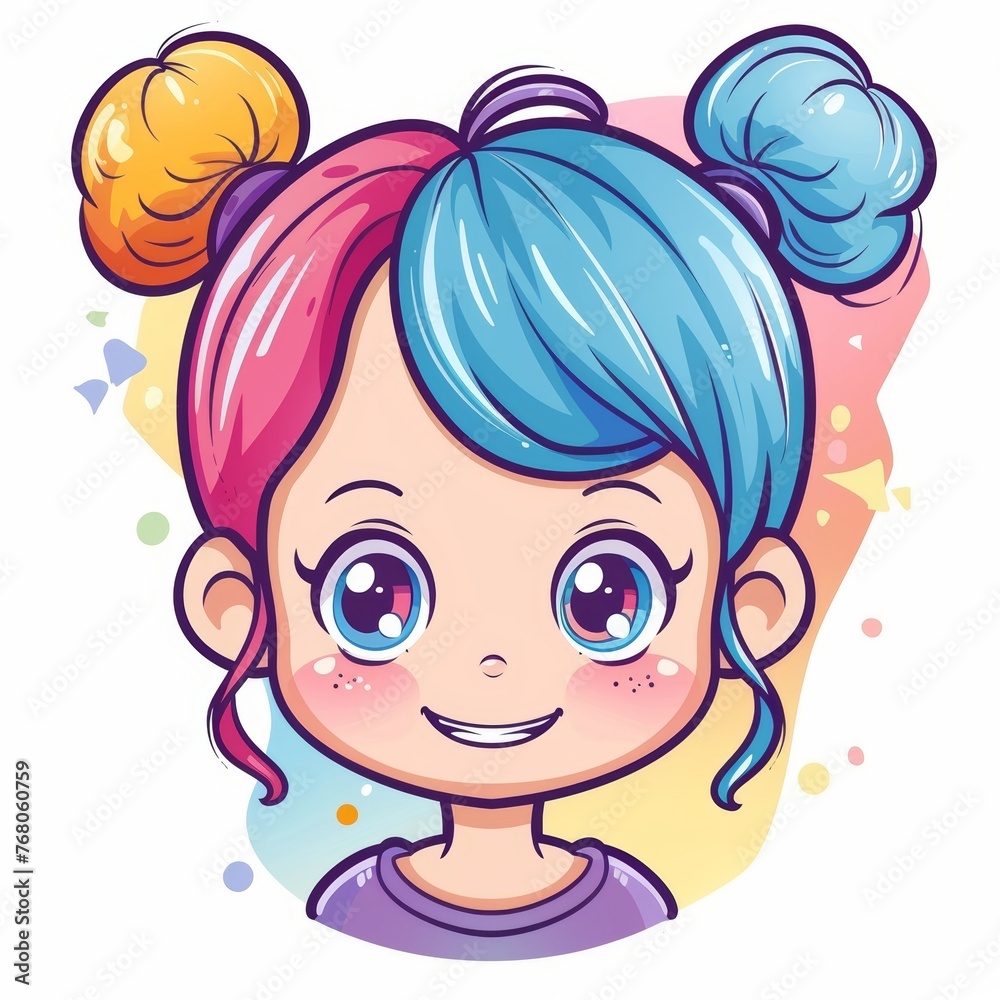 A girl with blue and pink hair and blue eyes