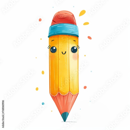 A cartoon pencil with a red eraser and a blue cap
