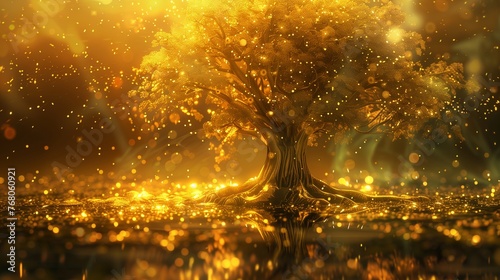 Golden tree fantasy illustration. Beautiful abstract background. A wonderful golden tree. Digital art.