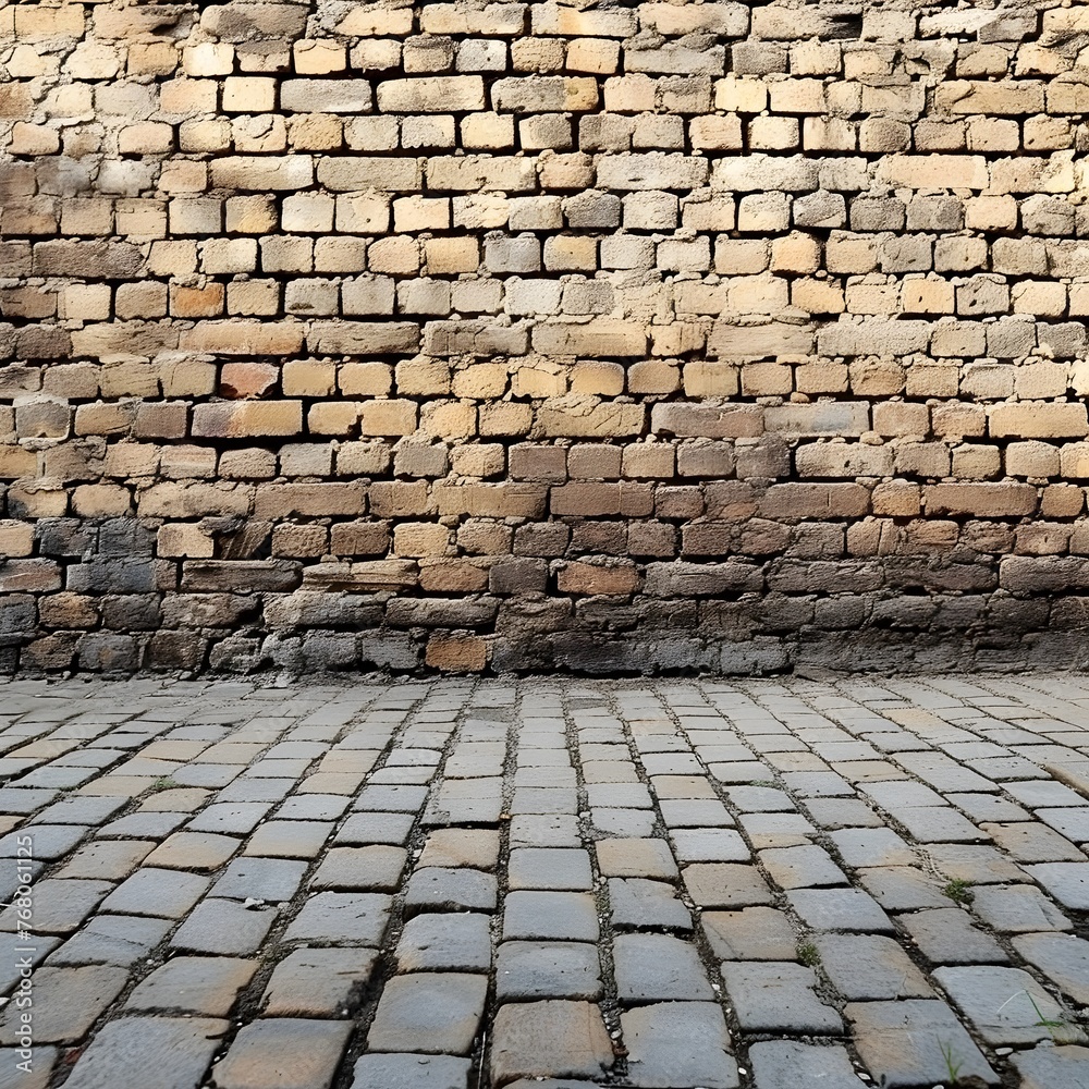 Weathered Brick Wall and Pavement Ground Backdrop for Urban Architecture Photography