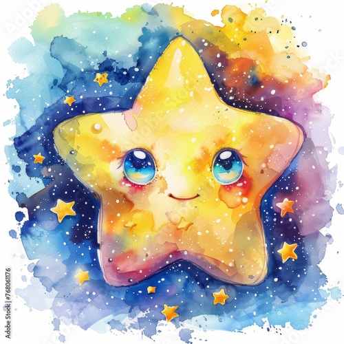 A yellow star with blue eyes is surrounded by stars in the sky
