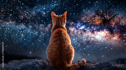 cat viewed from behind looking at the night stars