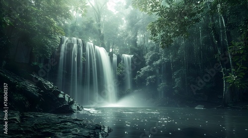 Enchanting Cascading Waterfall in Verdant Forest Landscape Creating Serene and Tranquil Atmosphere