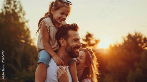 Happy family with little daughter having fun in the nature at sunset . photo