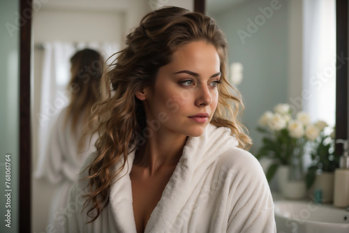 Nachdenkliche Frau in weißem Bademantel genießt eine Auszeit im stilvollen Badezimmer Free Download Nachdenkliche Frau in weißem Bademantel genießt eine Auszeit im stilvollen Badezimmer - GFXLoad