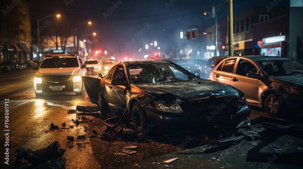 Multiple car crash night city emergency severe damage - obrazy, fototapety, plakaty 