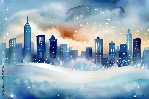 abstract watercolor background snowfall, christmas view blurred blizzard light blue snowflakes on a white city background Generative AI