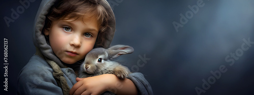Young boy holds in his hands and hugs bunny on dark textured studio background with lot of copy space, web header